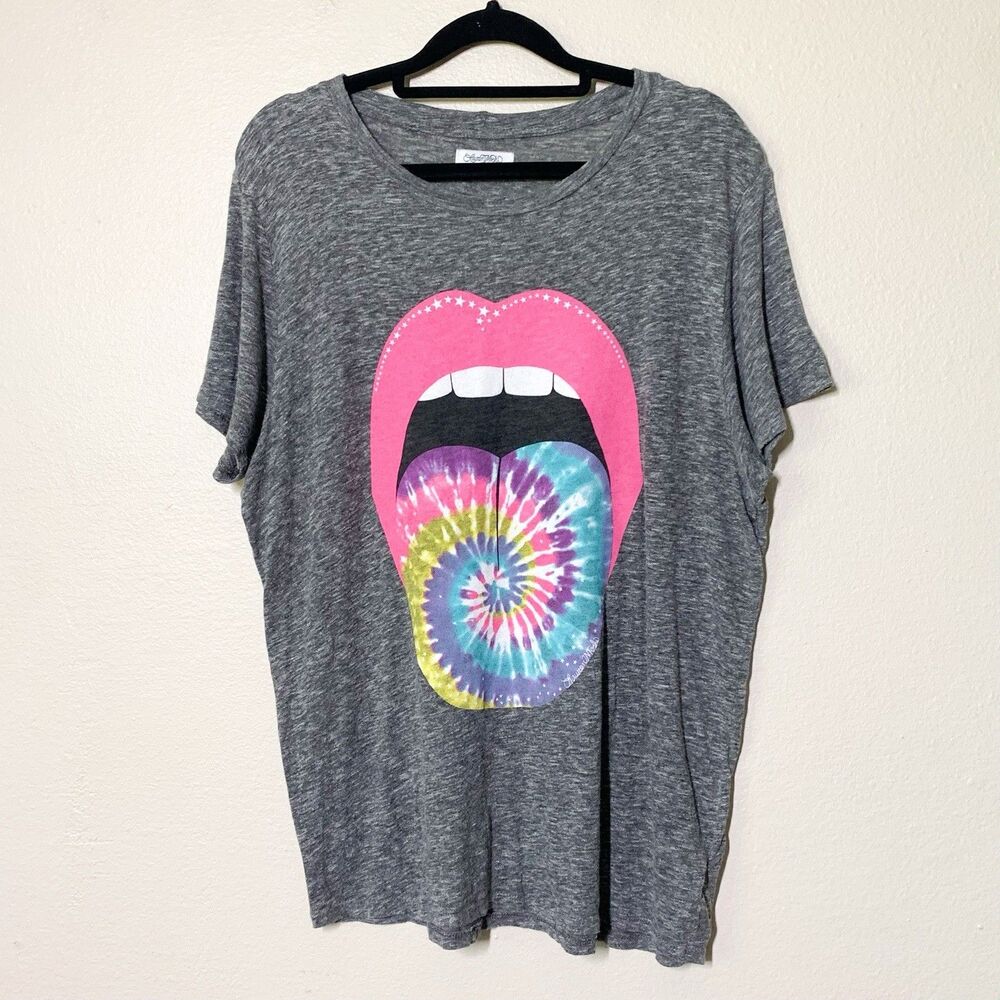 Lauren Moshi Tie Dye Tounge Lips T-Shirt S Heathered Grey Crewneck Edda